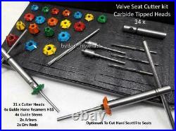 34x VALVE SEAT CUTTER KIT CARBIDE TIPPED + 4 HSS REAMERS+4STEMS+3 ARBOURS+2DR