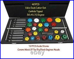 40x VALVE SEAT CUTTER SET CARBIDE TIPPED 10 GUIDE STEMS 30+45+70 DEGREE CUTR HED